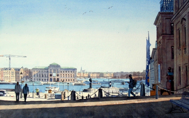 Reproducerad akvarell/giclée - Utsikt över Slottsbacken mot Nationalmuseet
